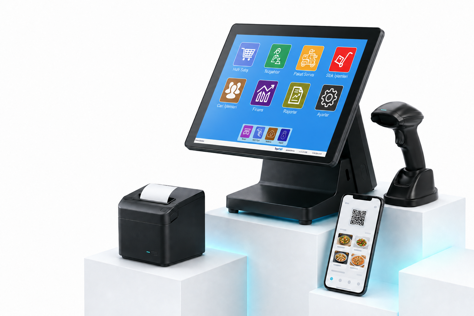 Dokunmatik POS terminali, fiş yazıcı, barkod okuyucu ve QR menü telefonu